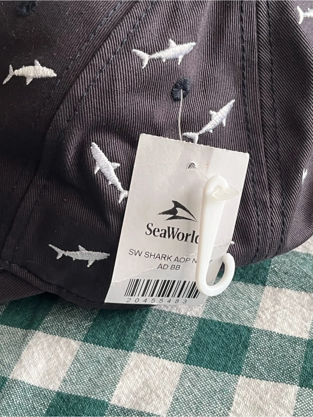 NWT SeaWorld Navy Blue Shark All Over Print Embroidered Baseball Adjustable Hat